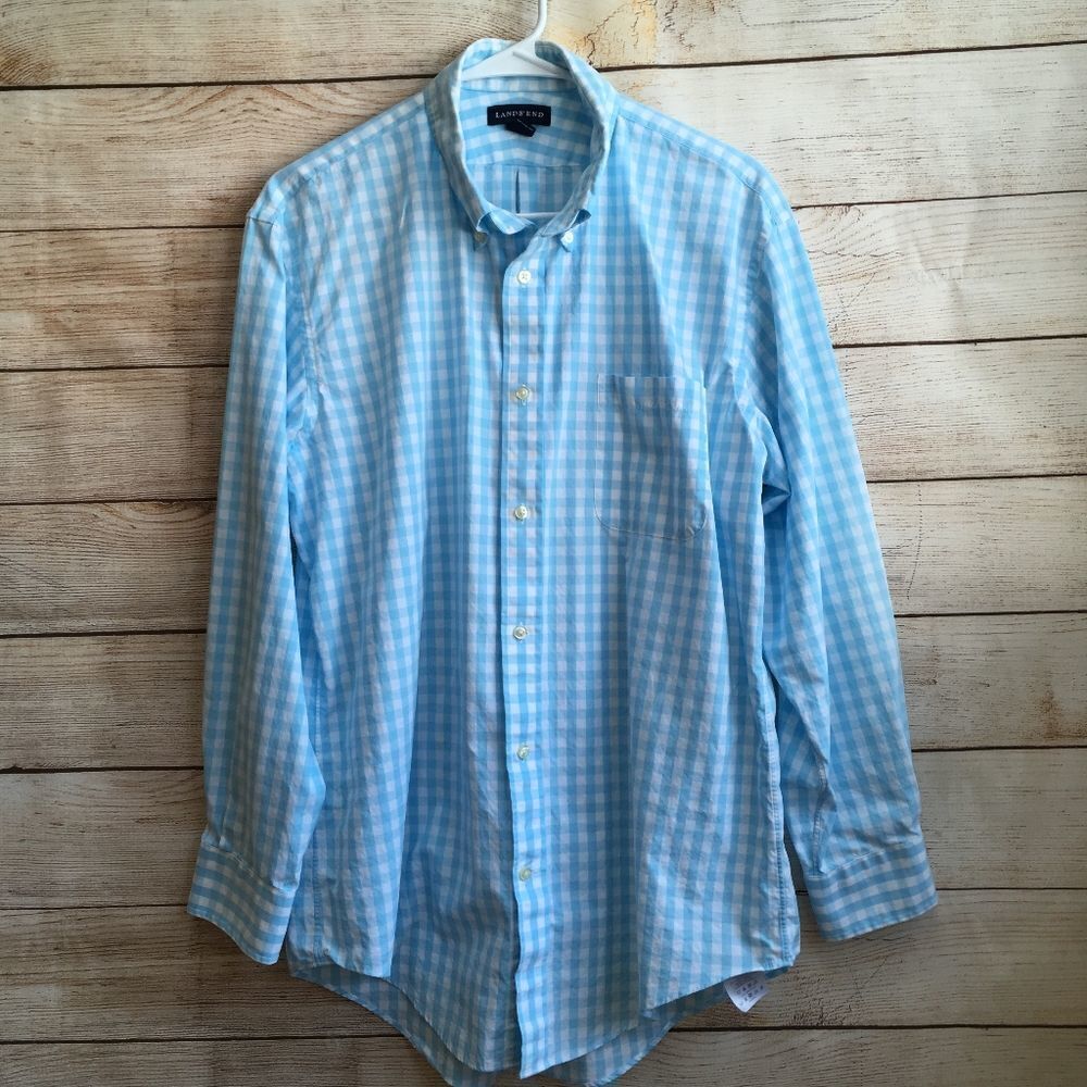 LANDS END SHIRT IN BLUE AND WHITE GINGHAM